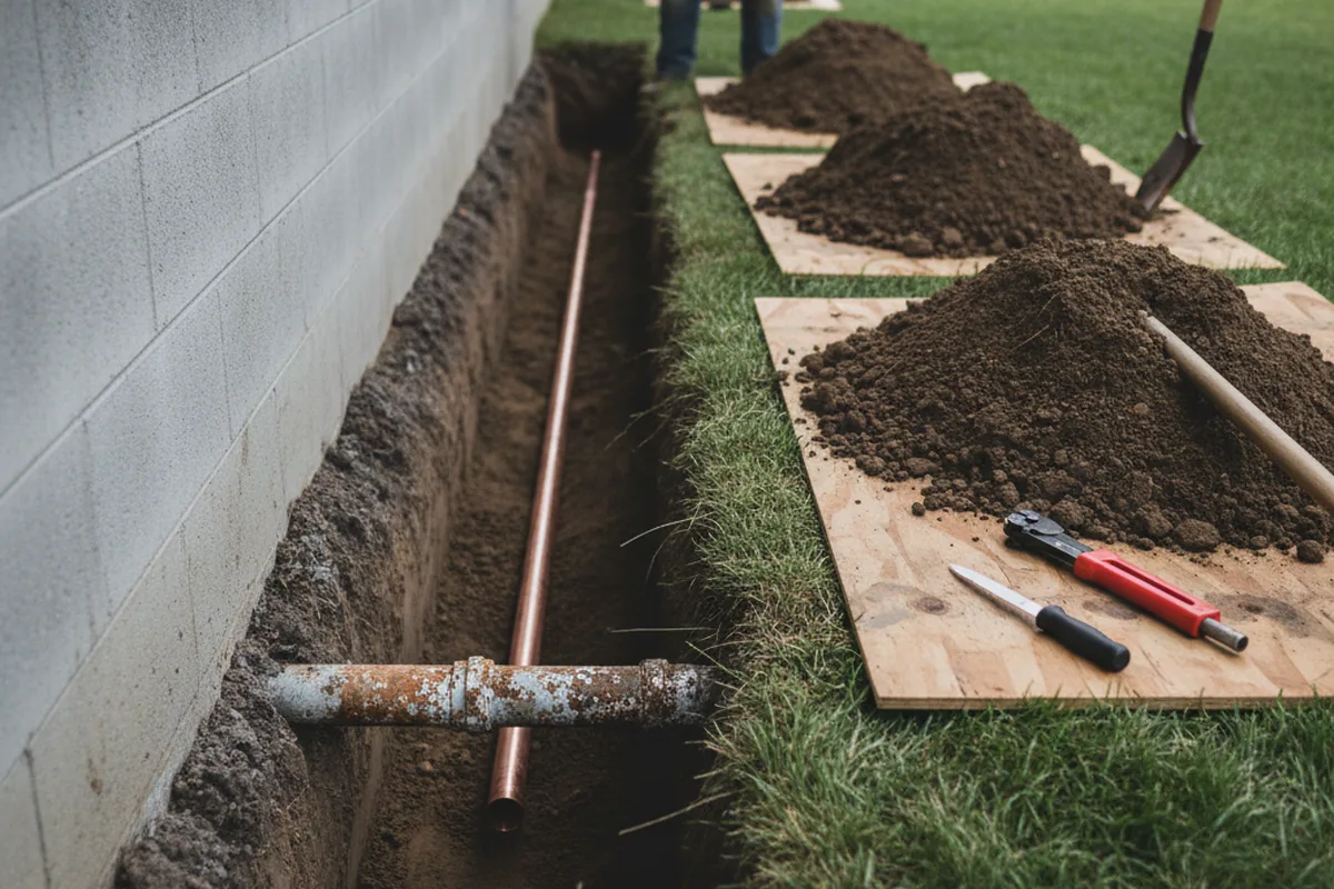 Excavated water line trench during Sewer Line Repair in Hobgood